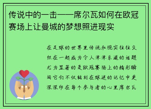 传说中的一击——席尔瓦如何在欧冠赛场上让曼城的梦想照进现实