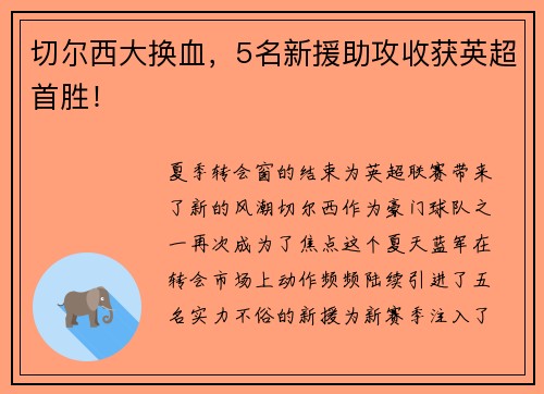 切尔西大换血，5名新援助攻收获英超首胜！